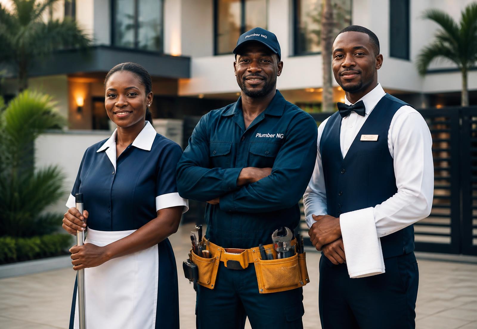 Vetted household, plumbing and hospitality staff outside a modern Lagos residence