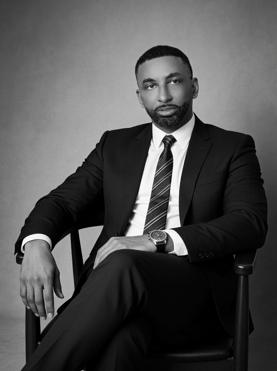 Black and white portrait of Moshood Balogun, CEO and Founder of TalentX